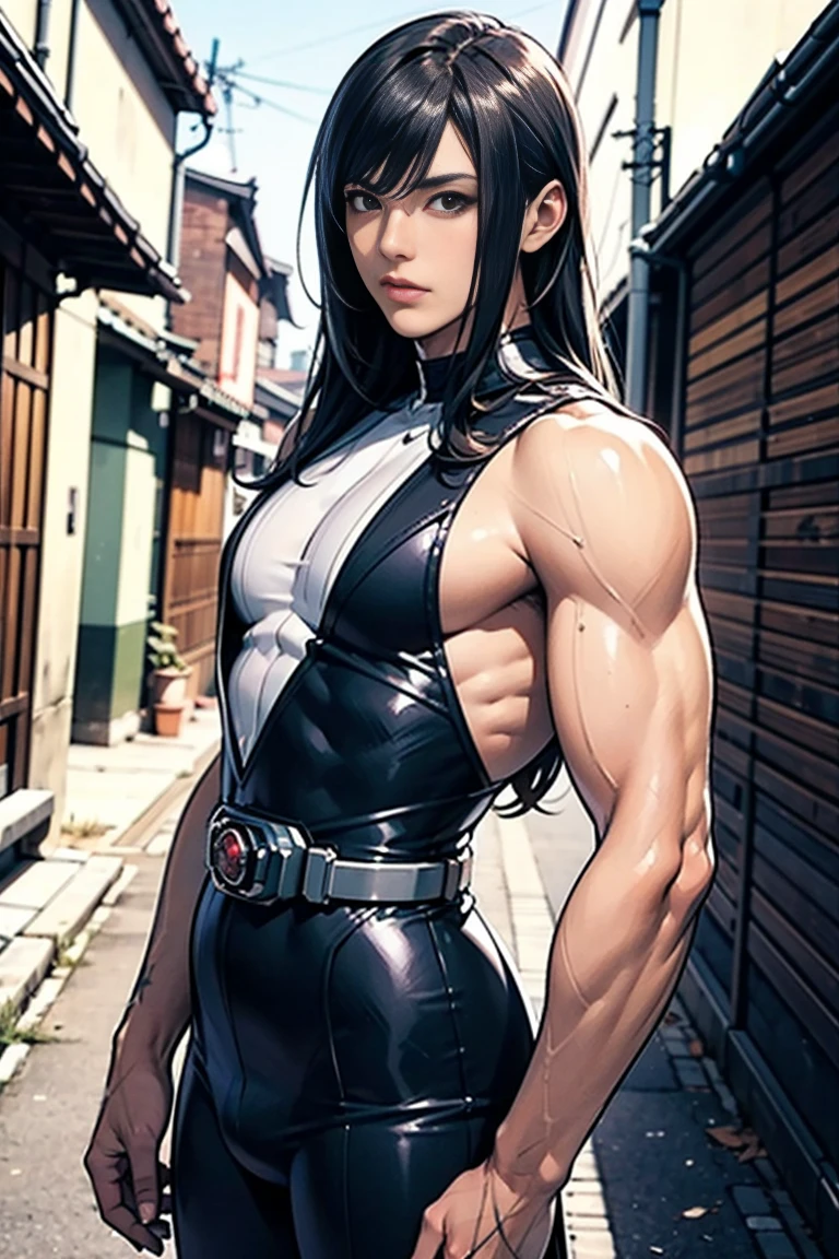 angry lovely slim ultra violent muscular femboy, topless, wearing latex legging, with big gigantic shoulders muscles:10, twintail hair, revealing clothes, double bicep flex,big bulge