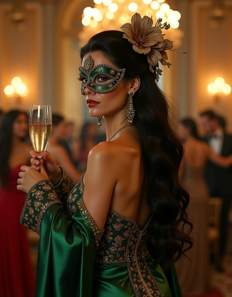 (masterpiece, highest quality, Highest image qualitHigh resolution, photorealistic, Raw photo, Extremely detailed CG unified 8k wallpaper), cover design featuring a ((stunning, élégant woman dancing in a masked ball)), very hot and sexy, ((She is wearing a rich stunning dark green silk dress covered with gold ornements and gold elegant flowers in her hair)), (jaw-dropping beauty, perfect proportions, beautiful body, slim body beauty:1.4), sunset Light, Volumetric Light, (dark brown stunning eyes, white skin, black long hair)((dark green and gold mask)). ((Standing in a stunning and sensual position)), (masked ball fantasy, bright colors). ((The woman is holding a glass of champagne)). The overall tone is elegant and powerful, with a slightly surreal ambiance. Background of a masked ball room. (Realistic light, textures and details. Full HD, 8K) 