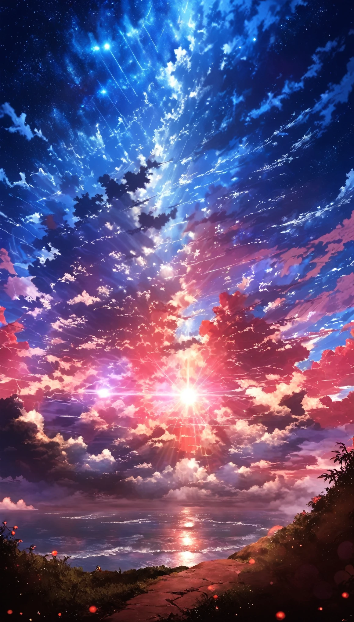 anime-style scenes of a beautiful sky are red with heavenly clouds  . The sky is dotted with .  with a star and a planet ,  The cosmic skies have a reddish crimson theme and the world seems big . .  With a  sitting on a high cliff in broad daylight and it seems that he is not big.  Nature of Makoto Shinkai ,  anime art wallpaper 4k ,  anime art wallpaper 4k ,  8k anime art wallpaper , Fondo de pantalla de anime 4k, Anime wallpaper 4 k,  Live wallpaper 4k , anime sky,  Incredible wallpaper , anime background, celestial planet in the background, anime background art.  A path that goes to infinity . The Earth seems so deep and detailed .. So many clouds and vegetation .