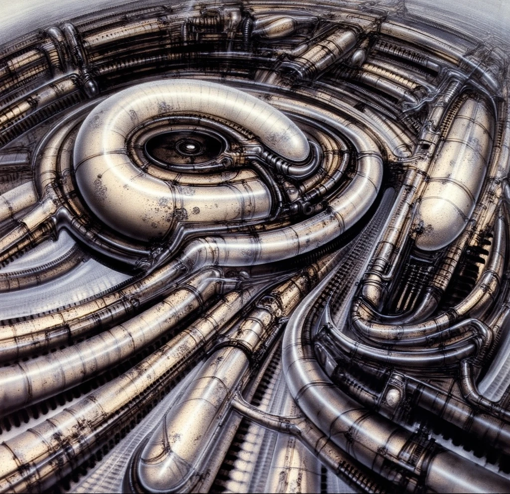 HRGGR, The image is a detailed view of H.R. Giger's biomechanical tableau \" LANDSCAPE No 312 \" plate, featuring ( Giger's is a fantasy-style illustration of a complex, intricate mechanical structure, resembling a futuristic city or fortress, with a central spiral design and multiple levels and towers, reminiscing Boeklin painting ), (best quality:1.4).The piece is a tableau, most likely created with a India ink pen or pencil on paper, determined by the thin lines, shading techniques, and the texture of the paper, which is visible around the edges. Used is pen, given the shading and variations in line weight visible in the image. Artist have used a variety of stylus with different degrees of hardness to achieve the shading effects. The use of undersaturated green-grays dark contrasts creates a stark and graphic look. Is used a variety of linework techniques to create different textures. Fine, parallel lines create a smooth, metallic texture,while thicker, more cursive lines suggest cables or wires. Light source from the top highlights skeletals, pper part of foreground, lower part of image is in shadowupper part of foreground, lower part of image is in shadow. The art performance showcases the artist’s skills in observation and rendering. The level of detail in the piece suggests a close study of real bone specimens and mechanics. The artist has skillfully used shading techniques to create a convincing illusion of three-dimensionality on a flat surface. The wrinkles and cracks in the surface, and the cast shadows with accuracy, used shading techniques to create a realistic depiction of light and shadow on the objects. This creates a sense of depth and dimension in the image. The artist has used careful linework to depict the contours and textures in the piece Sharp focus on foreground elements illustration. Deep and delicate DOF. Big painting. Stored in Louvre masterpiece, ooze soaked pajama top