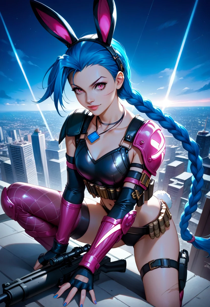 score_9, score_8_up, source_anime, anime, (humanoid bunny warrior Jinx:1.3), (combat armor:1.2), lying down on top of a building, armed with sniper rifle, scar across left eye, beautiful, deadly, photorealistic, intense gaze, wind-swept blue hair with rabbit ears, detailed combat armor with metallic textures, sleek and tactical, night cityscape, dark clouds, glowing city lights below, anime illustration, soft yet sharp lighting, cinematic composition, highly detailed fur texture on ears, dramatic perspective, urban sniper pose, focused expression