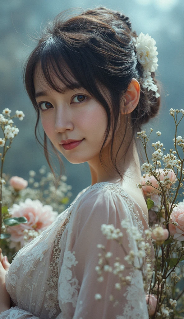 8K,Professional Lighting ,Aerial perspective ,超A high resolution ,(photographrealistic: 1.3) ,kawaii , (tits out:1.1) ,vivid flowers ,plain white bra,Detailed face ,bob cuts ,