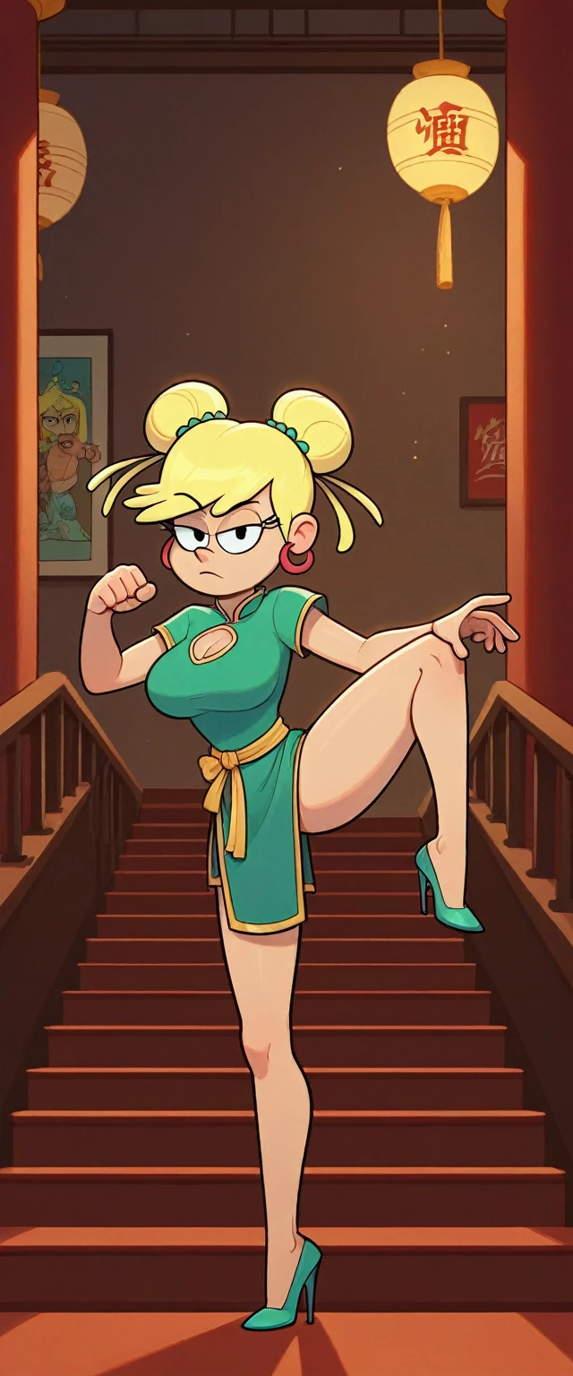 leni loud, 1girl, solo, 24yo girl, large breasts, green cheongsam,  inside of a chinese temple, looking at viewer, blonde hair, two hair buns , hands  score_9, score_8_up, score_7_up, high heels, teep fighting stance,martial arts, stairs behind her, guarding the stairs, chest window