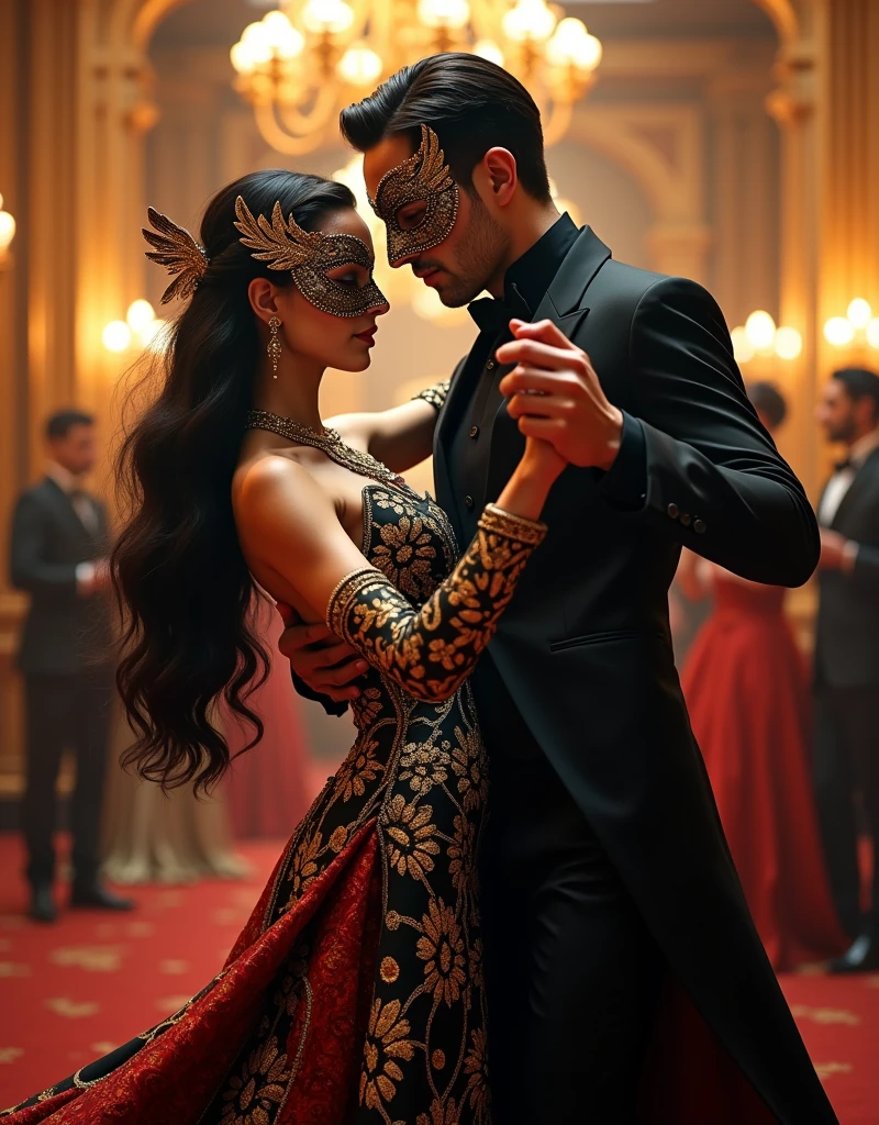 (masterpiece, highest quality, Highest image qualitHigh resolution, photorealistic, Raw photo, Extremely detailed CG unified 8k wallpaper), cover design featuring a ((stunning, élégant woman dancing with a man in a masked ball)), very hot and sexy, ((She is wearing a rich stunning black, gold and red silk dress covered with gold ornements and gold elegant birds in her hair)), ((he is wearing a mysterious black elegant outfit)), (jaw-dropping beauty, perfect proportions, beautiful body, slim body beauty:1.4), sunset Light, Volumetric Light, (dark brown stunning eyes, white skin, black long hair)((black mask)). (( They are dancing tango in a stunning and sensual way)), (masked ball fantasy, bright colors). The overall tone is elegant and powerful, with a slightly surreal ambiance. Background of a masked ball room. (Realistic light, textures and details. Full HD, 8K) 