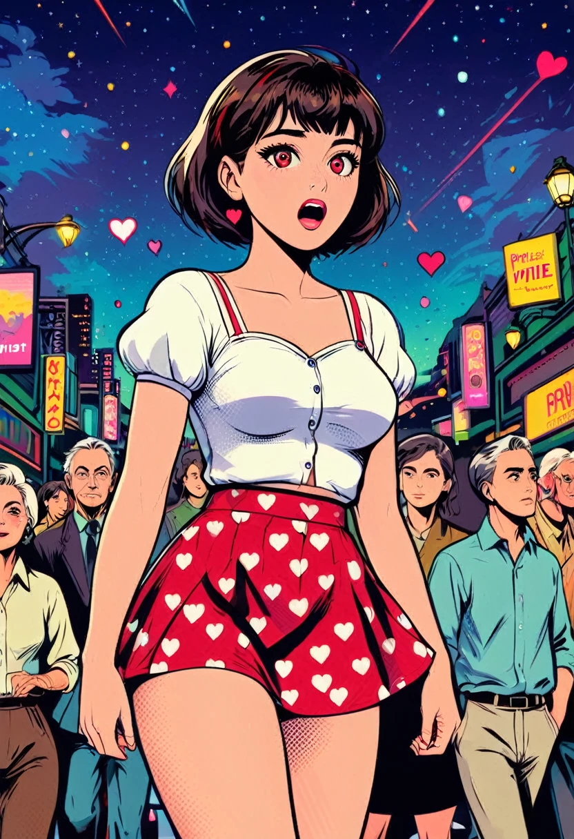 ((masterpiece)), (best quality),, official art, extremely detailed CG unity 8k wallpaper, highly detailed, shiny skin, Depth of field, vivid color,, 1girl, (curvy:0.4), (full body:0.6),, short hair, bangs, red eyes, skirt, looking at viewer, night, street, neon, looking back, star (sky), crowd, upper body, wearing button-up blouse and (wearing white cotton underwear with printed hearts on them. Wearing cute underwear. (cotton printed underwear), wearing white cotton tummy tucker panties, cotton high cut briefs, cotton high-waisted panties, white cotton control briefs, high rise pantise with full waist coverages and high waisted fit, in front of a large crowd, in a park. BREAK people close to her, they are too close, people laughing, girl panicking BREAK people close to her, they are too close, people laughing, girl panickin. (mejor calidad,alta resolución), arte de pixel, colores vibrantes, Atmósfera nostálgica, Jugabilidad inmersiva, gráficos de 16 bits, controles perfectos de píxeles, pixel art. (embarrassed, panicking, shy, full-face blush, open mouth, parted lips:1.3) masterpiece, high quality, standing in a park in town.
