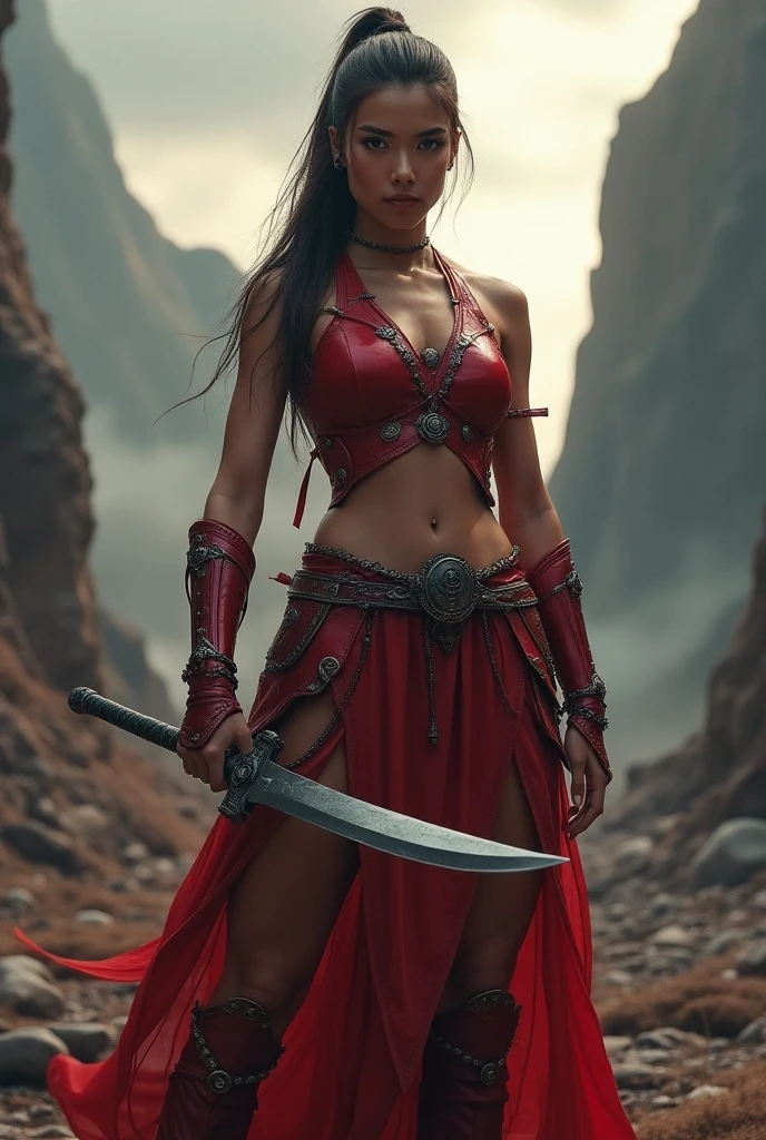 A 30 year old Indonesian female soldier with a perfect body, wearing Majapahit royal style battle armor, sleeveless, the beauty of the body is still visible, there are small scratches on the body, brave eyes, wielding a kris(ceremonial knife zigzag), wearing traditional shoes standing on the rocks with splash red saue, battlefield background and splash of red sauce.  Taken with canon EOS R5, RF 24-105mm f/4L IS USM, RF 24-105mm f/4-7.1 IS STM, wide-angle shot, professional photo