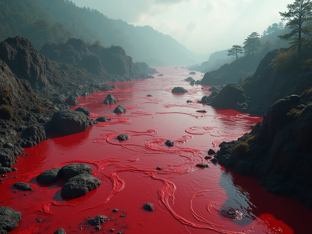 arafed stream of red water flowing through a lush green valley, lava river, red lava rivers, bloody river in hell, some red water, one million lave rivers, river of blood, lava rivers, pink slime everywhere, rivers of blood, red water, cant believe it is real, with a river running through it, vortex river
