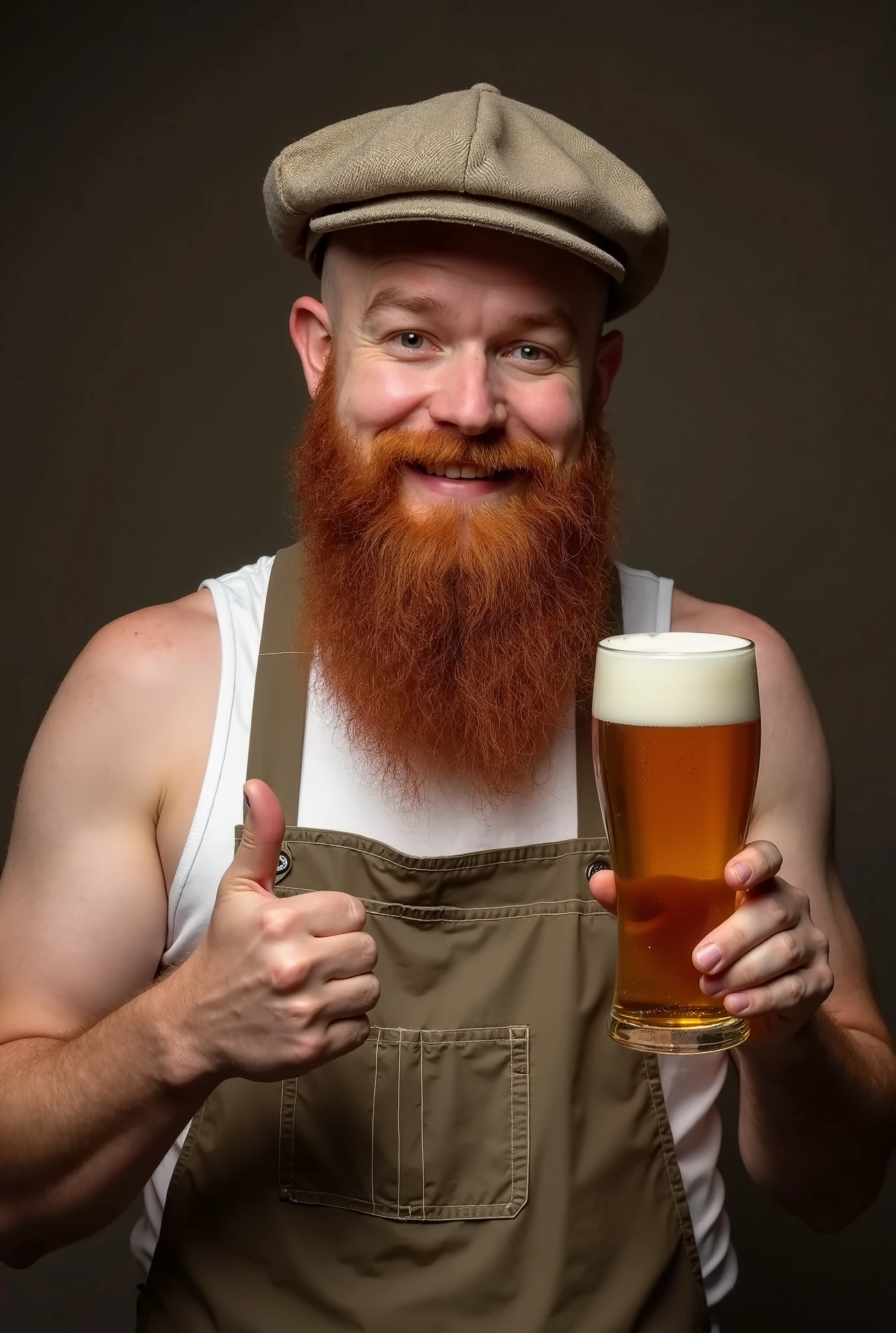 a lovely smiling shaggy hairy bearded woman is holding a mug of beer