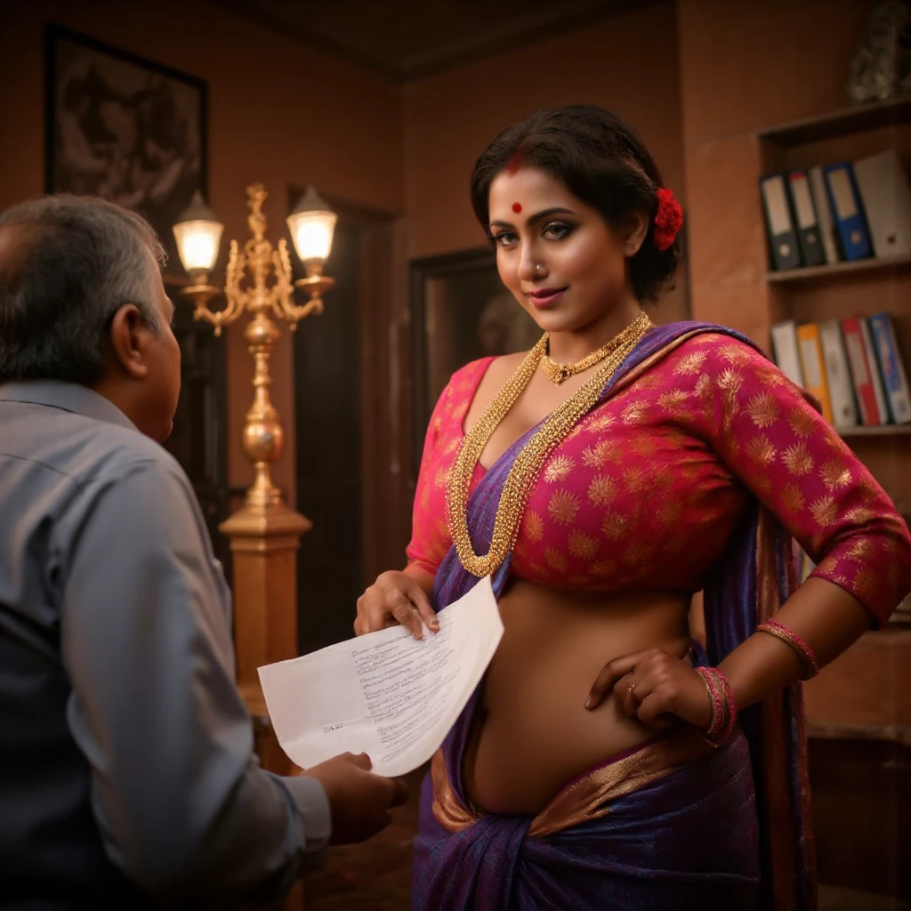 The scene unfolds in a grand, opulent study room with warm, soft lighting, casting a sensual glow over the interior. The South Asian woman, standing tall and confident, is the center of attention. She wears a luxurious maroon sari, the fabric rich and flowing with intricate gold embroidery that highlights her curvy, hourglass figure. The sari drapes elegantly over her body, with the deep maroon color contrasting beautifully against her smooth skin. Her large breasts and wide hips are accentuated by the form-fitting fabric, making her silhouette both bold and seductive.

Her heavy gold jewelry—an elaborate necklace, multiple bangles on her wrists, and a delicate nose ring—gleams brightly, adding to her regal and commanding presence. Her updo hairstyle is adorned with a red flower, while a gold hairpin catches the light, framing her face and drawing attention to her flawless features. The bold smokey eyeshadow and long curled lashes amplify the intensity of her seductive gaze, which locks onto the older man beside her. Her full lips, painted in a deep, rich shade, slightly curl upward in a subtle but provocative smile, enhancing her aura of control and allure.

In her hand, she holds a large, ornate contract, the paper slightly crinkled at the edges, symbolizing both the power she holds and the terms she seeks to impose on the man. The contract represents more than just a legal documen a symbol of her control over the land and the men who will submit to her. She extends the contract toward the older man, her fingers delicately brushing the paper, almost as if inviting him into a deeper, more personal commitment.

The older man, dressed in a light brown shirt that contrasts with the warm tones of the room, stands close to her. His posture is tense, his hand gently resting on her shoulder, his expression one of hesitation, fascination, and perhaps a bit of uncertainty. His gaze is drawn to her, captivated by her beauty and the power she exudes, yet unsure of what 