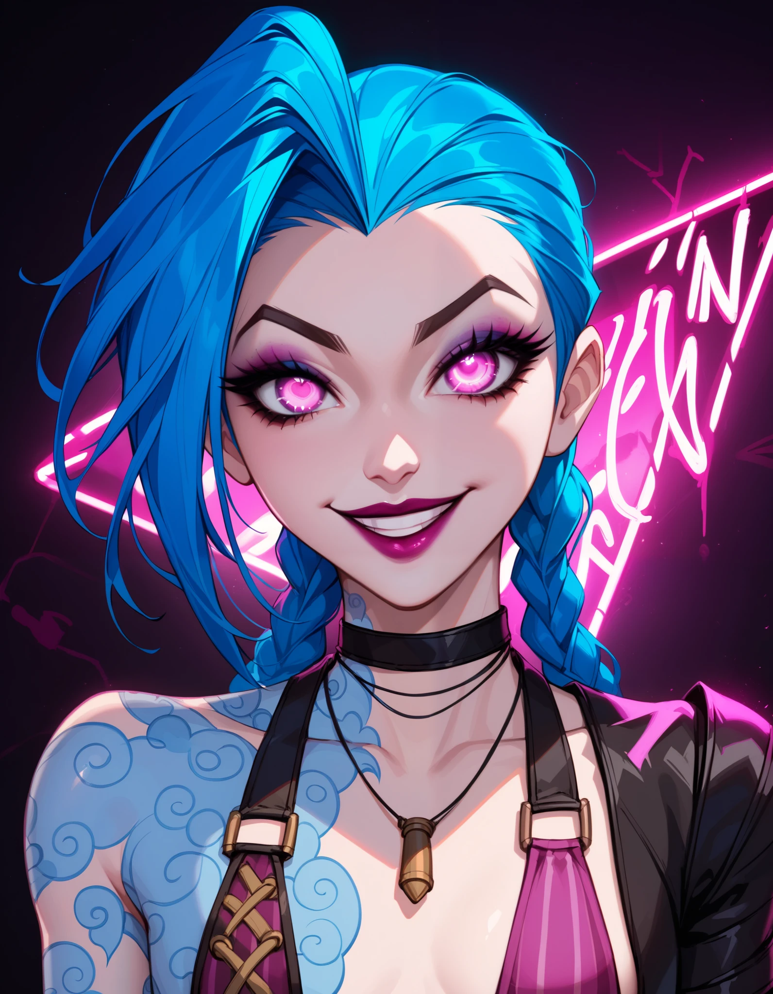 score_9, score_8_up, source_anime, anime, (Jinx from League of Legends in the style of Tim Burton:1.3), (neon acid color palette:1.2), (dark surreal aesthetic:1.1), eerie atmosphere, (slender, elongated limbs), twisted smile, blue hair with neon pink highlights, dark smoky eyeshadow, high contrast shadows, stylized gothic urban background, twisted buildings, graffiti walls, glowing neon lights, dramatic lighting, playful yet haunting vibe, (nighttime cityscape), surreal shapes, Burton-esque proportions, exaggerated expressions