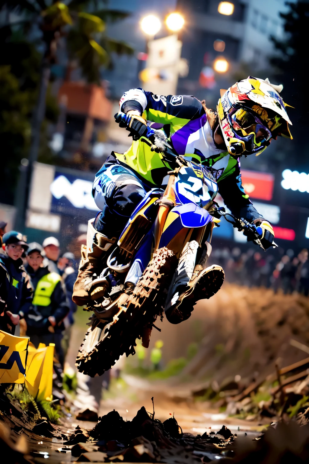 Yamaha WR250, motocross race, cute female racer, brown skin, wearing motocross boots, full of mud, abs, jumping over a hill, night riding, (best quality,4k,8k,highres,masterpiece:1.2),ultra-detailed,(realistic,photorealistic,photo-realistic:1.37),ultra-wide angle,studio lighting,extreme detail description,vivid colors,bokeh