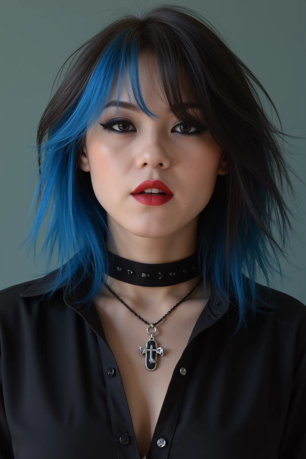 masterpiece, best quality,3d rending work ,3DMM style,close-up,portrait, 3D,1girl, solo, multicolored hair, blue hair, black hair, necklace, freckles, jewelry, two-tone hair, looking to the side, realistic, upper body, simple background, bangs, looking away, short hair, parted lips, black eyes, lips, gothic, choker, makeup, mole, black shirt, shirt, ultra detailed skin with pores, ray tracing, DSLR, UHD, 8k, photorealistic, masterpiece, award-winning