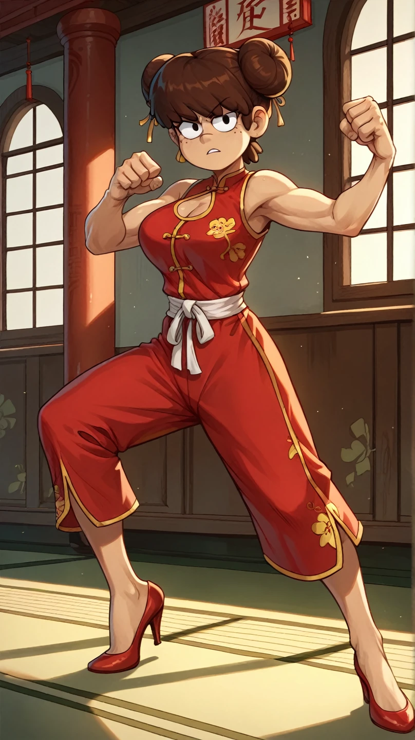 Lynn Loud, 1girl, solo, 24yo girl, large breasts, red cheongsam, inside of a chinese temple, looking at viewer, brown hair, two hair buns, hands score_9, score_8_up, score_7_up,high heels, teep fighting stance,martial arts, chest window