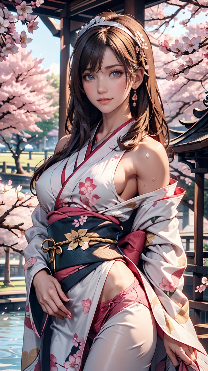 Asuna, masterpiece, Best Quality,   Details, ( 1 girl), Alone,   Details golden eyes, Long Hair,  is standing, Close to viewers , (  Details kimono),  smiles lightly,  medium breasts,  (Arms on back), water, sunset, (Hair accessories), (Cherry blossoms bloom),   Take off your panties 