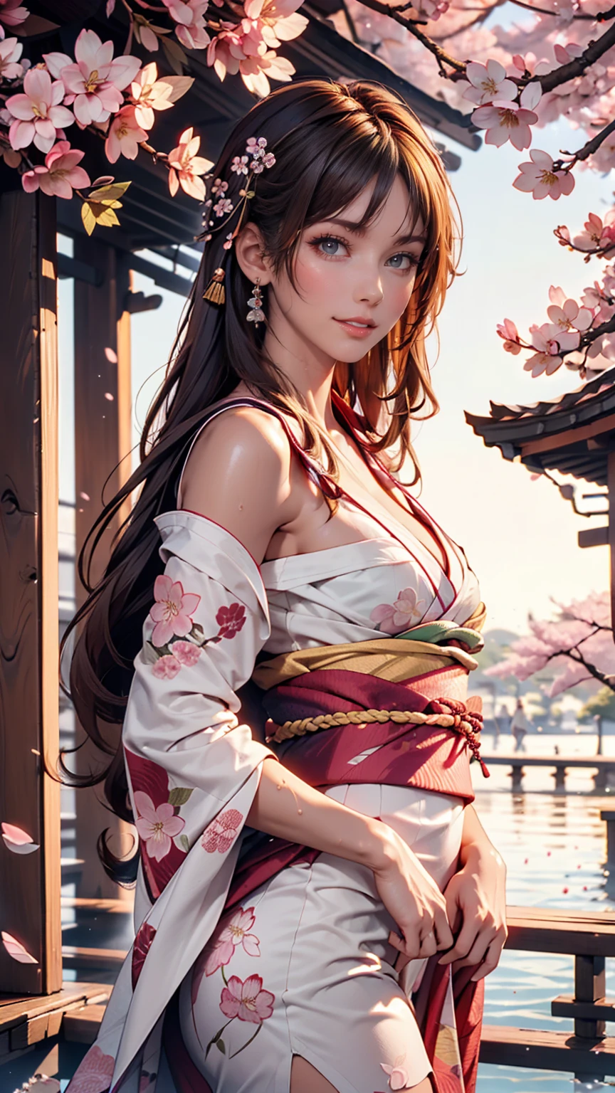 Asuna, masterpiece, Best Quality,   Details, ( 1 girl), Alone,   Details golden eyes, Long Hair,  is standing, Close to viewers , (  Details kimono),  smiles lightly,  medium breasts,  (Arms on back), water, sunset, (Hair accessories), (Cherry blossoms bloom),   Take off your panties 