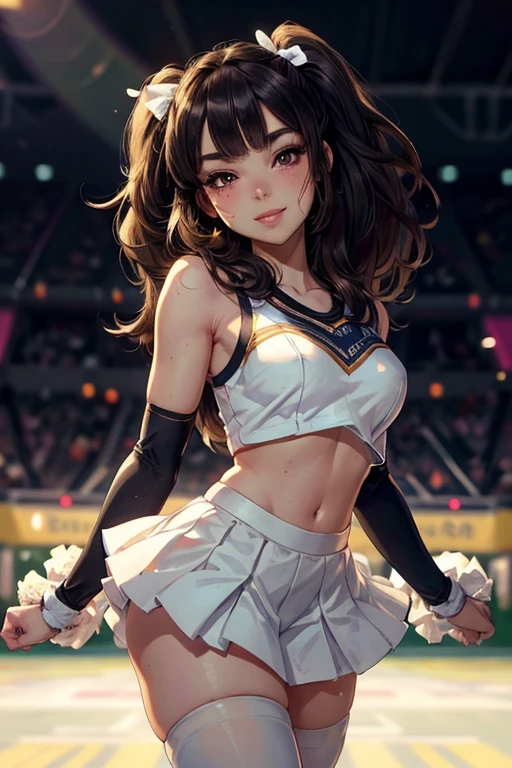Highest quality,Highest Resolution,Beautiful cheerleader girl,Sweat flying,Big eyes,Belly button,Underwear that becomes transparent due to sweat,Black hair ponytail,Arena,support,