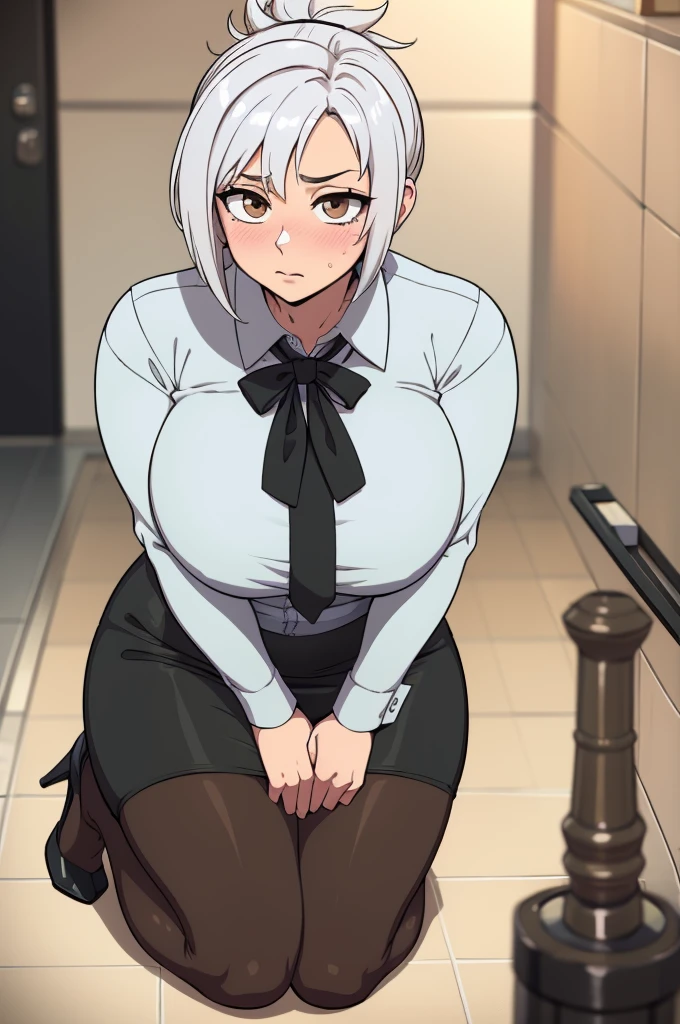 masterpiece, best quality, ultra-detailed, illustration, colorful, flat color, depth of field, 1girl, riven, anime, staying on her knees on the floor, silver hair, short hair, folded ponytail, brown eyes, looking at viewer, at restroom, white shirt, black tie, black pencil skirt, pantyhose, black pantyhose, detailed skin texture, detailed cloth texture, beautiful detailed face, blush, shy, huge breasts, view from front, fit, hourglass figure, high heels