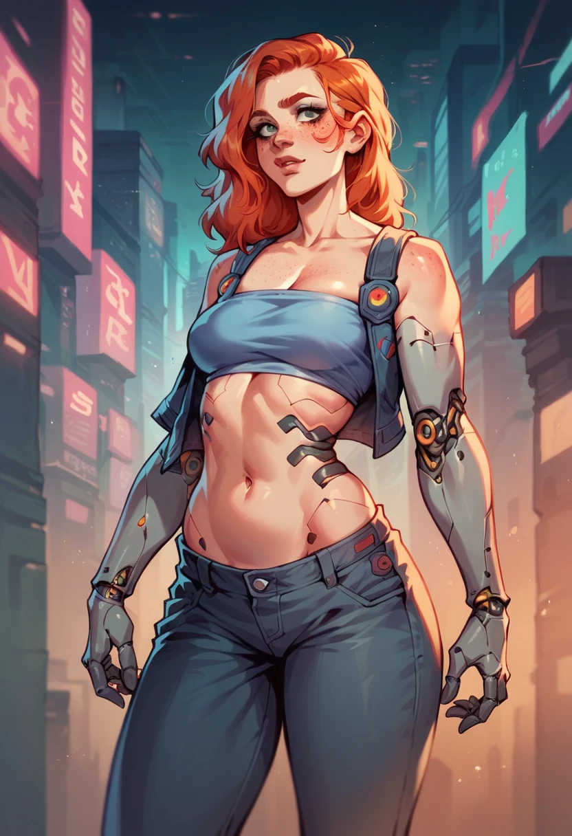 a closeup of a woman with a tattoo on her arm, cyborg, scifi woman, beautiful cyborg girl, inspired by, cyborg - girl, artgerm, cyborg girlAmerican poster World War II, Gil Elvgren style ((USA Poster, American Poster)) (((A young woman with long size straight red hair up to the waist in superhero pose))) ((detailed outfit entirely red with gold)) (cars in the background of the image) (((robotic left arm)) (((cyberpunk arm)))propaganda Poster, hero uniform, 1 girl, solo, good body, poster design, ((poster art style)). 1980s, 1950s, 1960s, 1940s, basic color scheme, very colorful poster, colorful art, third rule, inspiring, woman, 1 25-year-old girl, hair blowing in the wind, looking at the viewer, blurred background, green eyes
