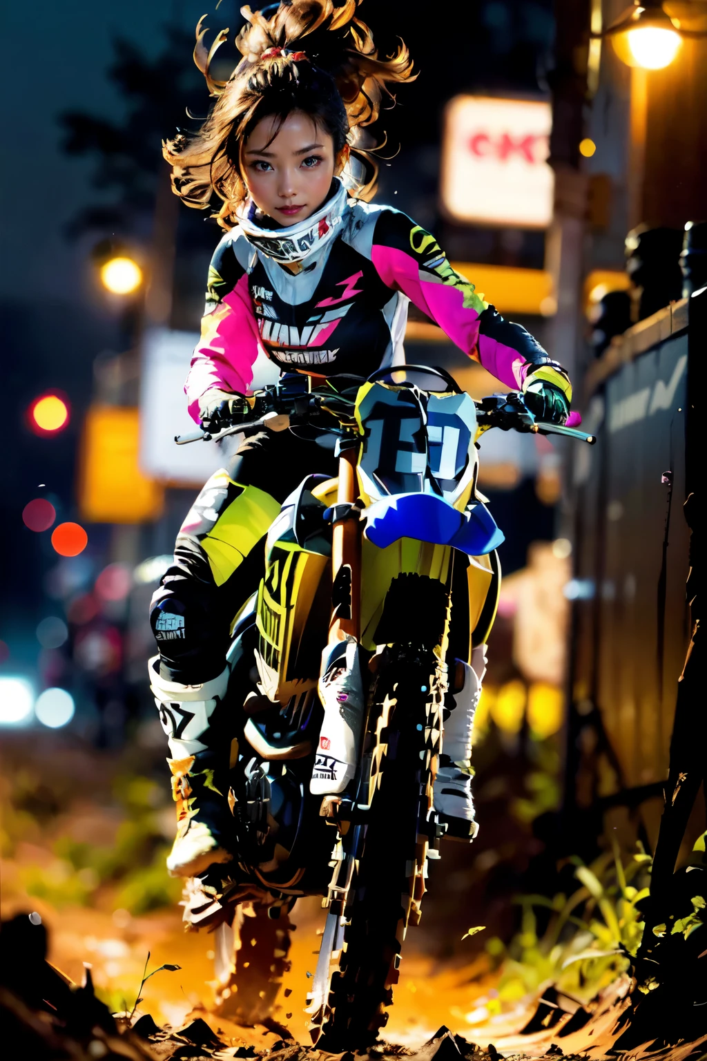 Yamaha WR250, motocross race, cute female racer, brown skin, wearing motocross boots, full of mud, abs, jumping over a hill, night riding, (best quality,4k,8k,highres,masterpiece:1.2),ultra-detailed,(realistic,photorealistic,photo-realistic:1.37),ultra-wide angle,studio lighting,extreme detail description,vivid colors,bokeh