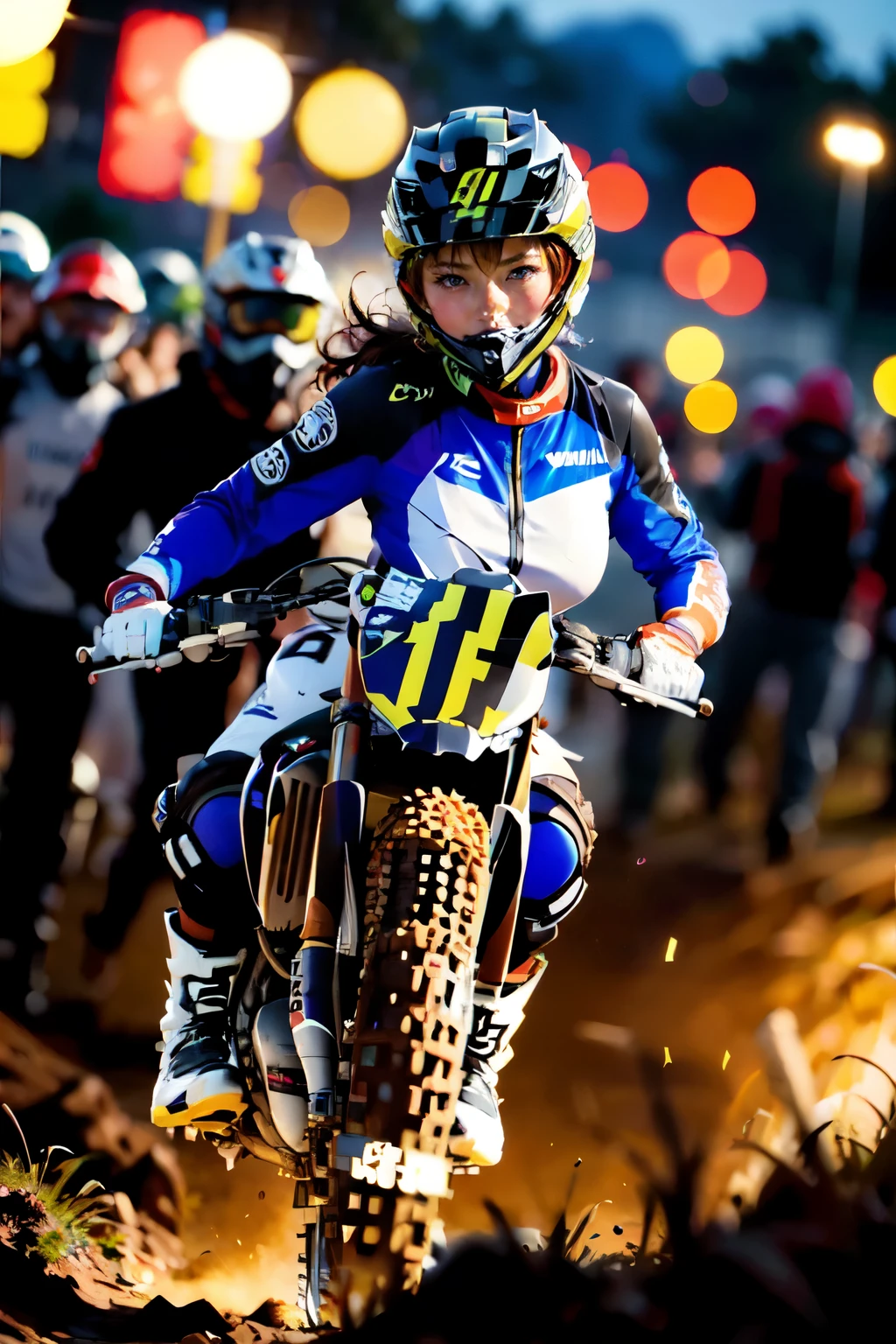 Yamaha WR250, motocross race, cute female racer, brown skin, wearing motocross boots, full of mud, abs, jumping over a hill, night riding, (best quality,4k,8k,highres,masterpiece:1.2),ultra-detailed,(realistic,photorealistic,photo-realistic:1.37),ultra-wide angle,studio lighting,extreme detail description,vivid colors,bokeh