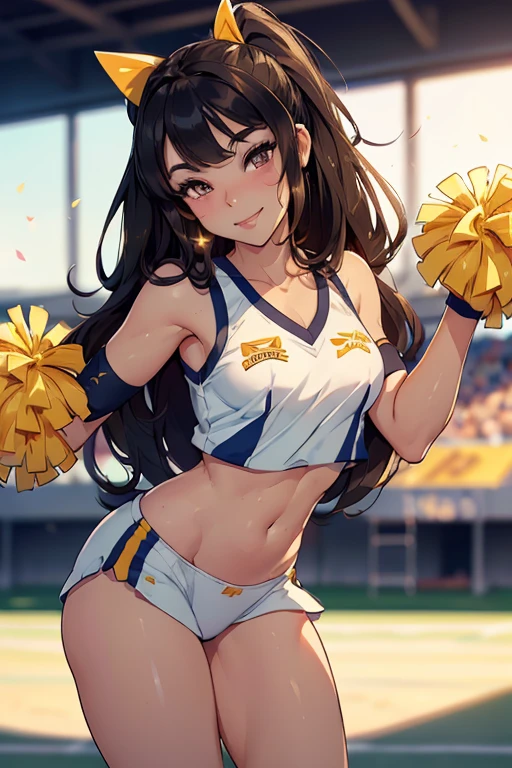 (best quality), 1 girl, ultra-detailed, illustration, yang guifei, (cheerleader:1.2), cleavage, midriff, school field