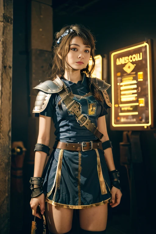 
A beautiful young woman, knight, armor without helmet, neon details, RGB lights on, robe, HUD visor on, / light sword, energy sword, ciberpunk details, control panel wrist, holographic badge, / medieval castle with graffiti, magic circles, / brave looking, tradicional warrior, technology anarchy, daylight 