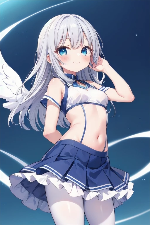 One girl、Blue-based idol costumes、The chest area of the costume is torn、The crotch area of the costume is torn、Standing in the dimly lit wings of the stage、Blushing、emotionless and dead-eyed、Blue Hair、Small breasts