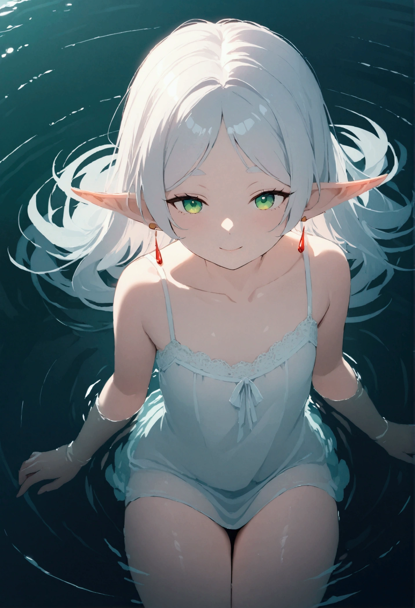  High image quality 、masterpiece、  high quality、Full HD、4K 、View from above、 and close your thighs、I'm holding a book by my chest、 Funeral Freelen、  silver hair、 Let your hair down、 Green Eyes、Elf Ears、 Red Earrings 、sheer white camisole、  flat chest、smile、river、Sleeping while floating on water