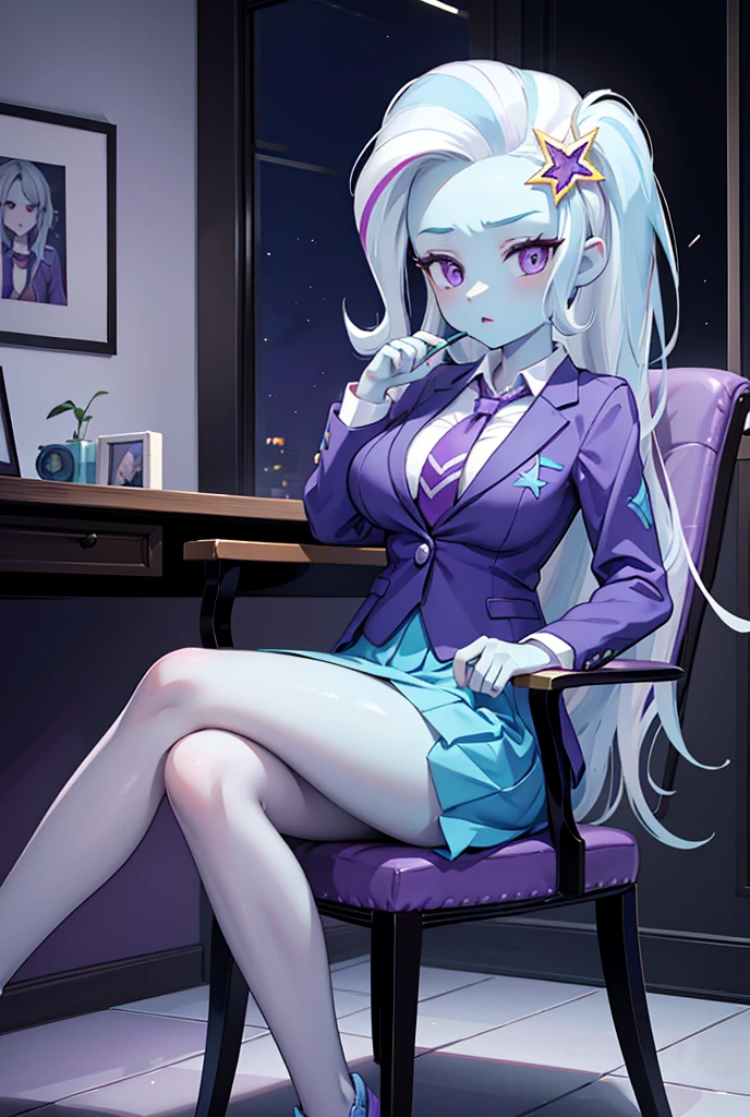 mlptrixie, colored skin, blue skin, star hair ornament, 
streaked hair, purple eyes, purple blazer, turquoise blouse, purple necktie, purple pencil skirt, big breasts,sitting on a chair with legs crossed