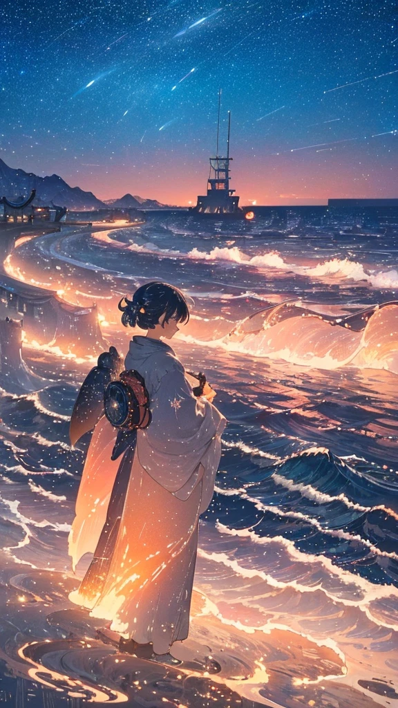 wide shot, ohara Koson style, a woman who releases flames from her body looks at the starry sky, standing on a desert island, around her there is only the sea and silence, the atmosphere is ghostly, but at the same time hopeful and nostalgic, soft lights, cinematic lights, cinematic shot, maximum quality, award winning shot