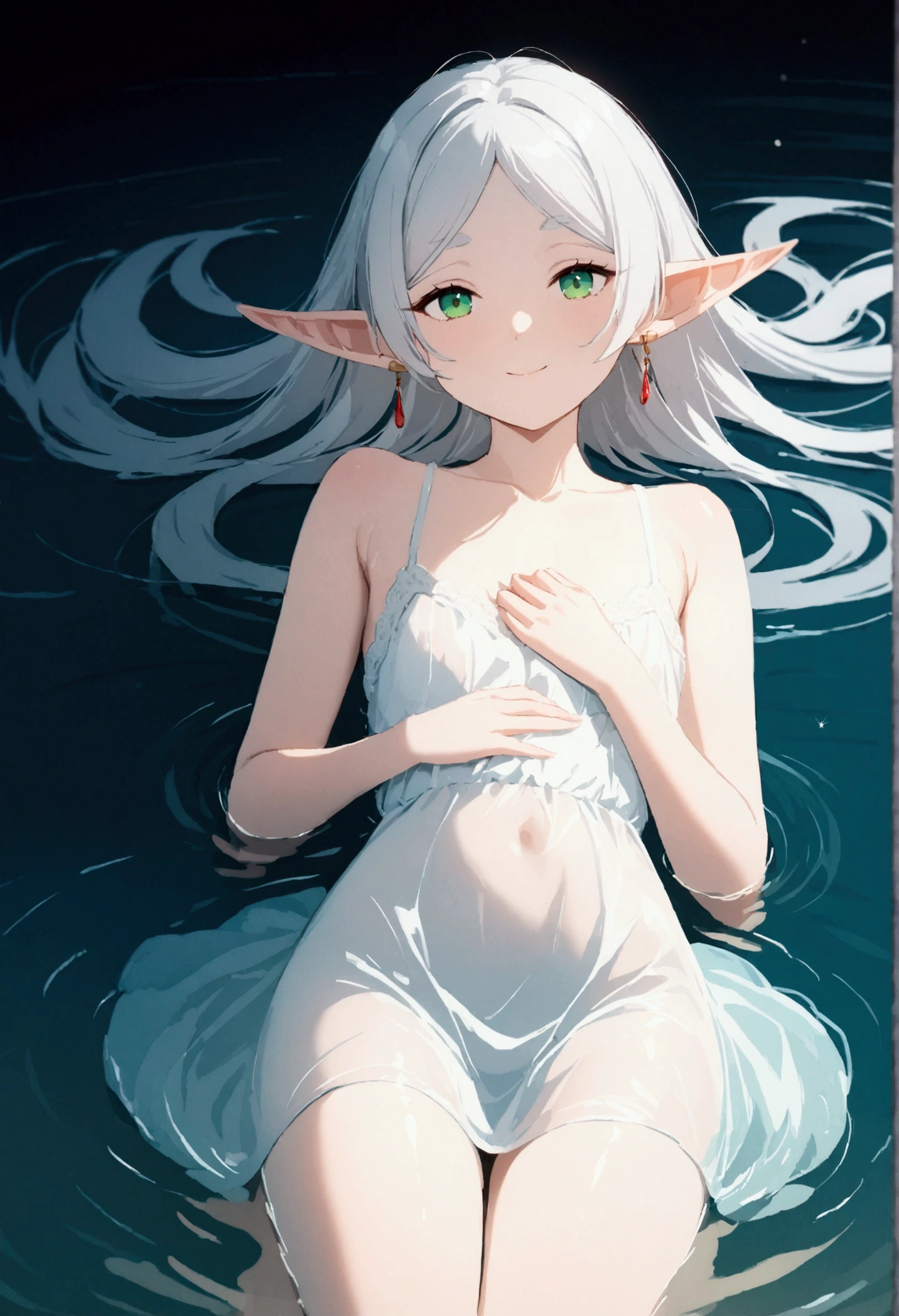  High image quality 、masterpiece、  high quality、Full HD、4K 、View from above、 and close your thighs、Put your hands on your chest 、 Funeral Freelen、  silver hair、 Let your hair down、 Green Eyes、Elf Ears、 Red Earrings 、 sheer white camisole、  flat chest、smile、river、 you're sleeping while floating in water