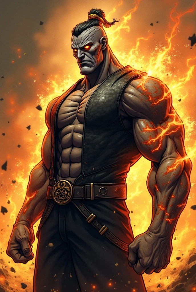 (best quality,highres:1.2),ultra-detailed,a male with silver skin and glowing yellow eyes,strong and muscular build,bare chest and chiseled abs,masculine features