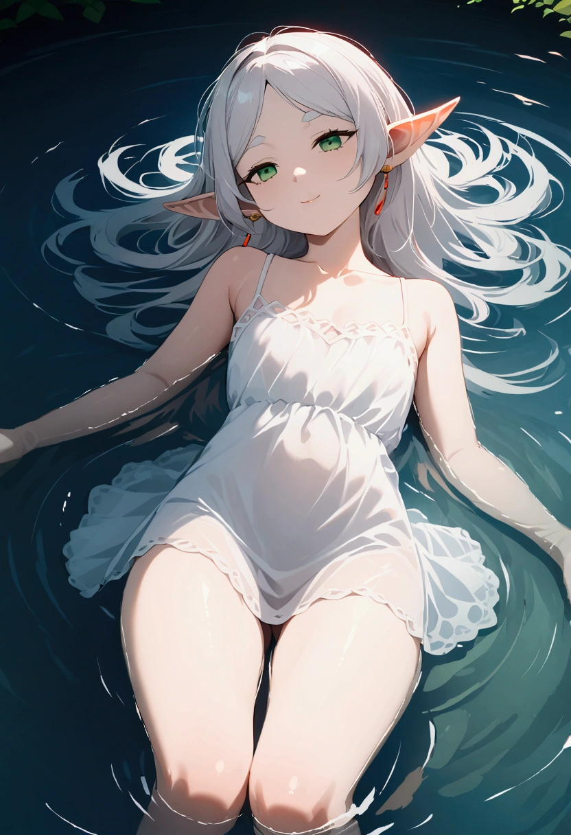  High image quality 、masterpiece、  high quality、Full HD、4K 、View from above、 and close your thighs、I'm holding a book by my chest、 Funeral Freelen、  silver hair、 Let your hair down、 Green Eyes、Elf Ears、 Red Earrings 、sheer white camisole、  flat chest、smile、river、Sleeping while floating on water