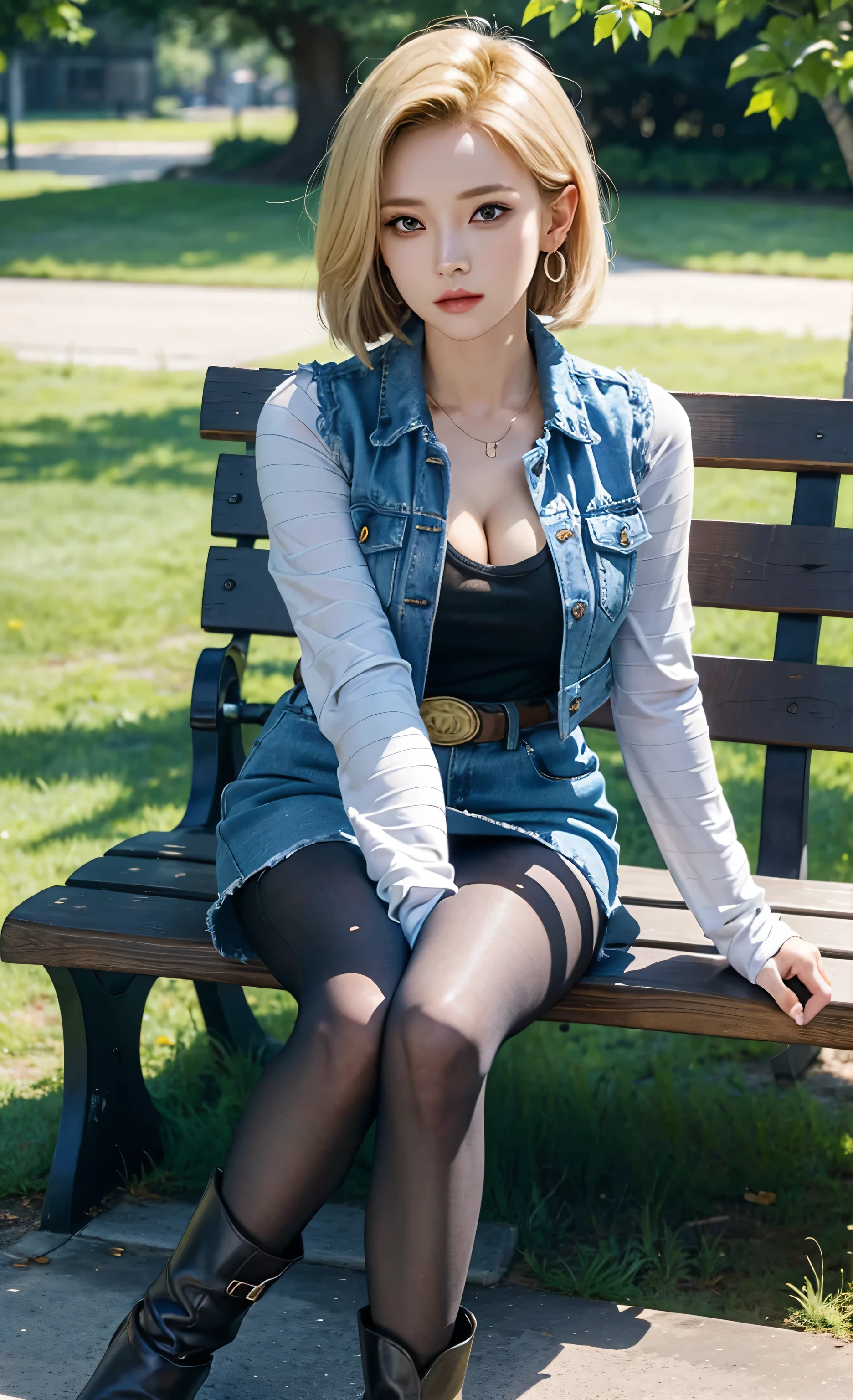 Android 18, Light Blonde hair, Medium Bob hair, Blue eyes, Wearing earrings, Long sleeves, Light blue denim mini skirt, Light blue mini denim vest, Black T-shirt with high cleavage, Large breasts, Belt, Dark brown see-through pantyhose, Western short boots, Looking at viewer, Slight smiling with closed lips sitting, On bench, She raised her right leg and gently placed the heel of her right boot on another very low bench in front of her, Blue sky, sit on a bench, outside, park, grass, Summer, trees, blue sky, high quality, masterpiece,