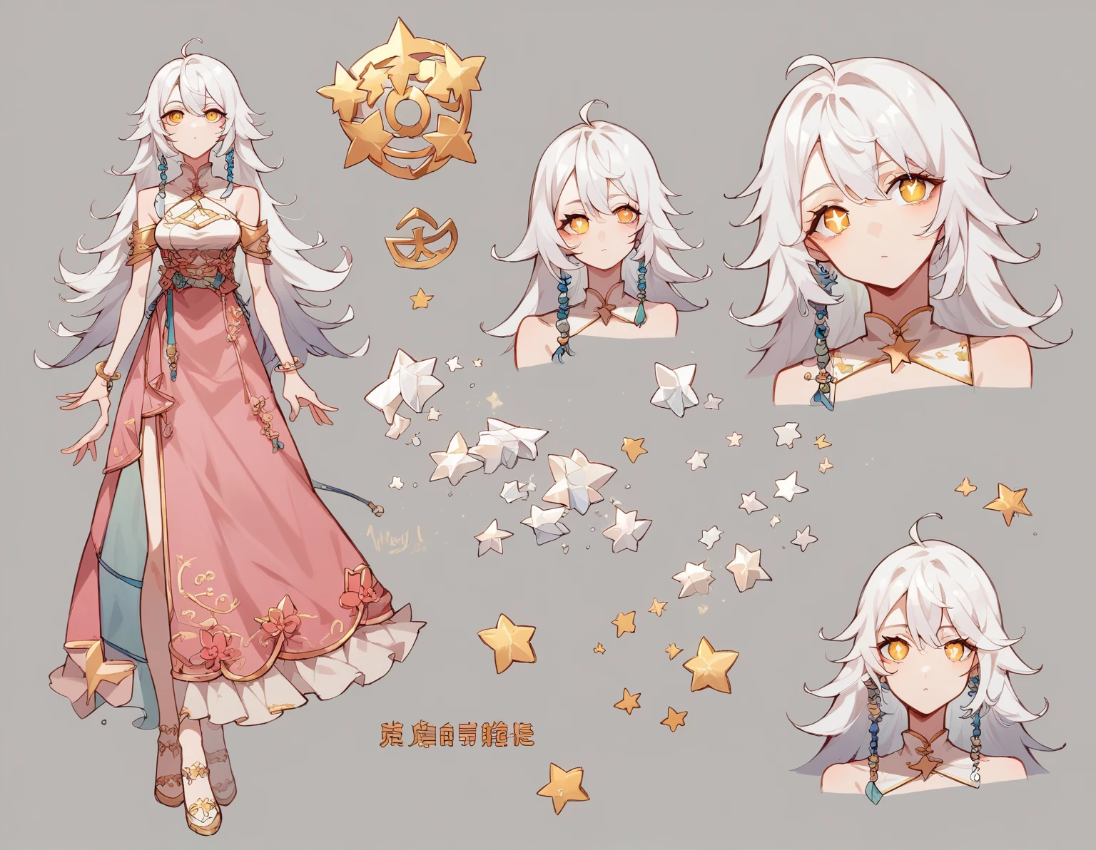  The model is a girl (( masterpiece, Highest quality)),  character sheet,  turn around, vtuber-whole body, whole body, detailed face,  full of details ,  Very detailed , depth, front and back, 1 gril,  dressed in golden pink dress, slender , :3, long hair, white hair,  crystal-clear hair , [[white hair]],  golden eyes , star (symbol), star-shaped pupils, character reference, white clothes, beautiful, cute, the dress has ribbens, chinese style