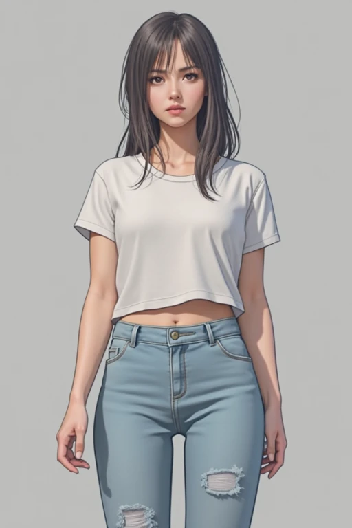 4K, masterpiece, 8k, high quality, 最high quality,10歳のcute少等生, Very white skin, Long brown hair,a bit,Low length,freckles,Thin eyebrows,Straight bangs,(Flat Chest) ,feminine, Tilt, elegant, elegant, cute, smile, cute, Hilarious, belly button, Denim Low Rise Mini Skirt, ((Black knee socks)), (Ugly clothes)、((Gray background))
