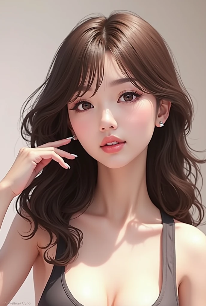 Asian Beauty、beauty、Soft hair、Black Sleeveless、Landscape、I can see your forehead、Background is simple concrete、Brown Hair、smile、looking at the camera、Lighten the ends of your hair、Shortcuts、Outline of an inverted triangle、Big Eyes、Thready hair、Rounded silhouette、human、Realistic