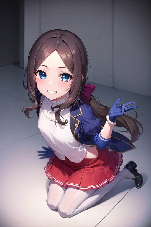 leonardo da vinci rider, 1girl, blue eyes, brown hair, long hair, parted bangs, (small breasts:1.3),
BREAK (black footwear, brown jacket, elbow gloves, gloves, jacket, loafers, blue gloves, metal gloves, pantyhose, red skirt, shoes, skirt, puffy sleeves, thighhighs, blue thighhighs:1.2),
BREAK (smile, grin), (looking at viewer:1.1), 
BREAK (kneeling floor:1.2), hands on own hips, 
BREAK 
BREAK (from above:1), cowboy shot,
BREAK (indoor, Infirmary, white room:1.2),
BREAK (masterpiece:1.2), best quality, high resolution, unity 8k wallpaper, (illustration:0.8), (beautiful detailed eyes:1.6), extremely detailed face, perfect lighting, extremely detailed CG, (perfect hands, perfect anatomy),