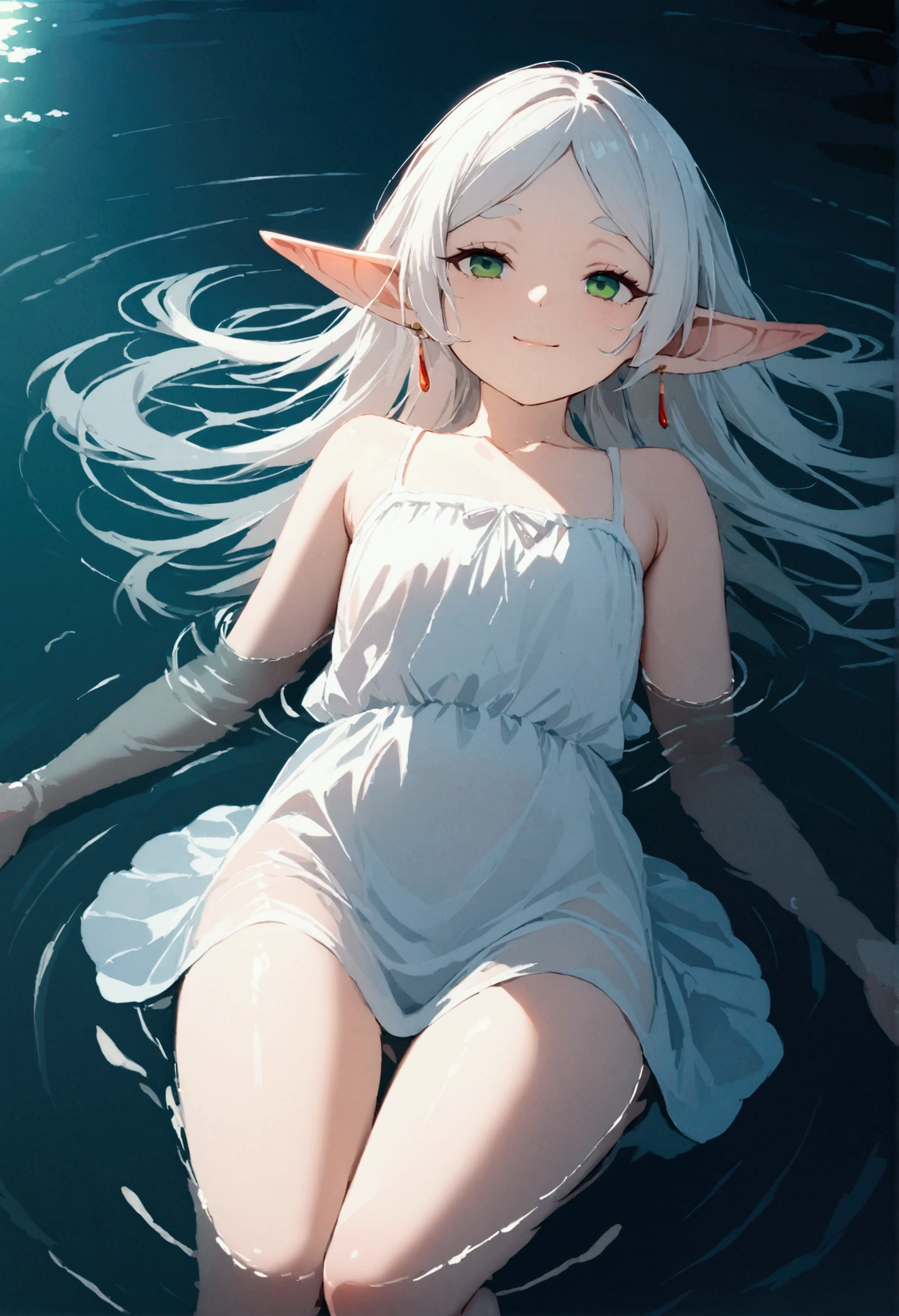  High image quality 、masterpiece、  high quality、Full HD、4K 、View from above、 and close your thighs、I'm holding a book by my chest、 Funeral Freelen、  silver hair、 Let your hair down、 Green Eyes、Elf Ears、 Red Earrings 、 sheer white camisole、  flat chest、smile、river、 you're sleeping while floating in water