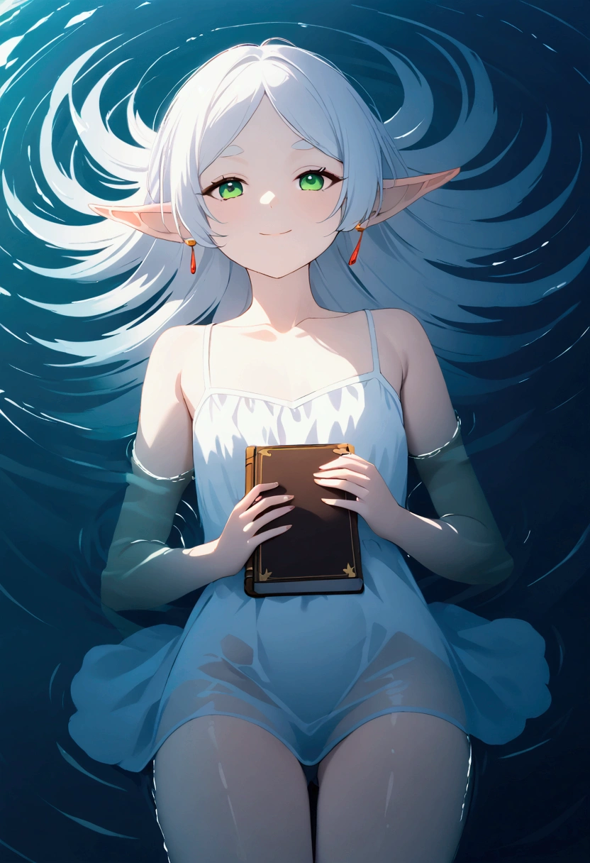  High image quality 、masterpiece、  high quality、Full HD、4K 、View from above、 and close your thighs、I'm holding a book by my chest、 Funeral Freelen、  silver hair、 Let your hair down、 Green Eyes、Elf Ears、 Red Earrings 、 sheer white camisole、  flat chest、smile、river、 you're sleeping while floating in water