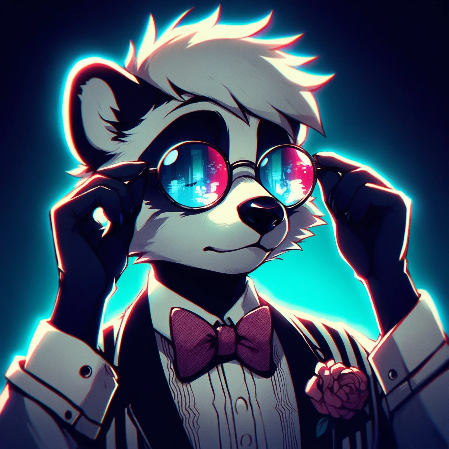 limelight, Detailed,  masterpiece , man, Alone, random furry, Badger , Hairstyle,  wearing a white suit ,  and round , in a room,  filter effect while accommodating your lenses,  with their eyes closed,  lenses on a dimly lit background, with glitch .