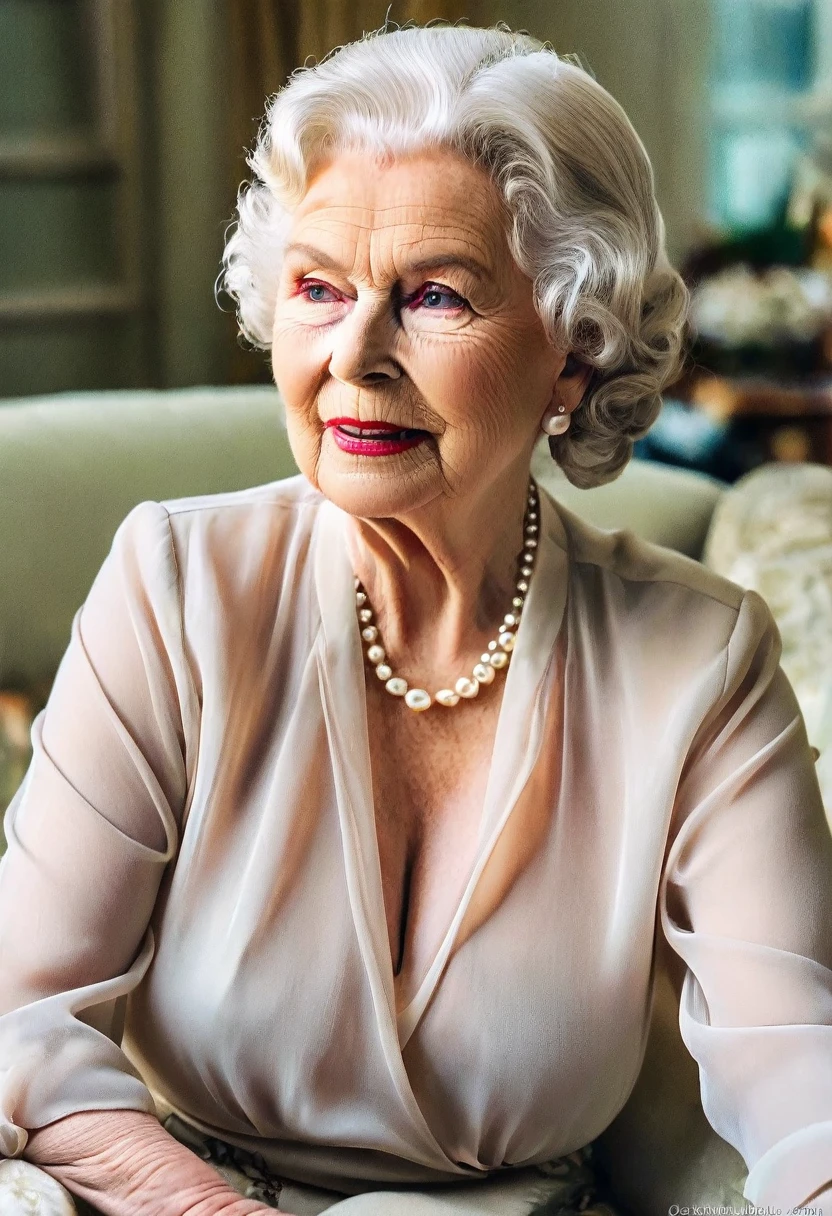 (gorgeous queen elizabeth 80yo), (huge saggy breast and conical pointed nipples:1.4), (Covered in cum on face:1.4), wide cleavage, red lips, (beige sheer chiffon shirt:1.5), (pearls), relaxing on sofa, adverting for fashion company