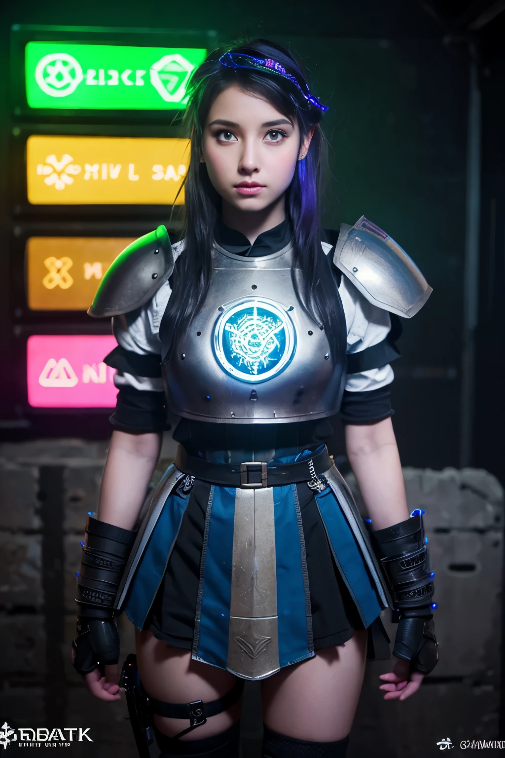 
A beautiful young woman, knight, armor without helmet, neon details, RGB lights on, robe, HUD visor on, / light sword, energy sword, ciberpunk details, control panel wrist, holographic badge, / medieval castle with graffiti, magic circles, / brave looking, tradicional warrior, technology anarchy, daylight 