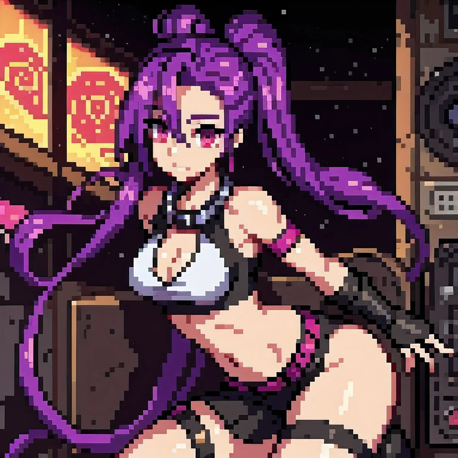 (8k, best quality, masterpiece: 1.2), (realistic, photo-realistic), ultra-detailed, 1 girl, cute, solo, (Nami from One Piece), (huge breasts), (smile:1.2), (closed mouth), erotic pose, posing, neon lights, cityscape, depth of field, good composition, tropical beach background, orange hair, long hair, ponytail, (tattoo on left shoulder), brown eyes, tanned skin, athletic body, (holding Clima-Tact staff), taut shirt, white blouse, blue mini-skirt, high-heeled sandals, (gold earrings), thigh-high stockings, (night), bokeh, cinematic lighting, nsfw, perfect breasts, sakimichan style.