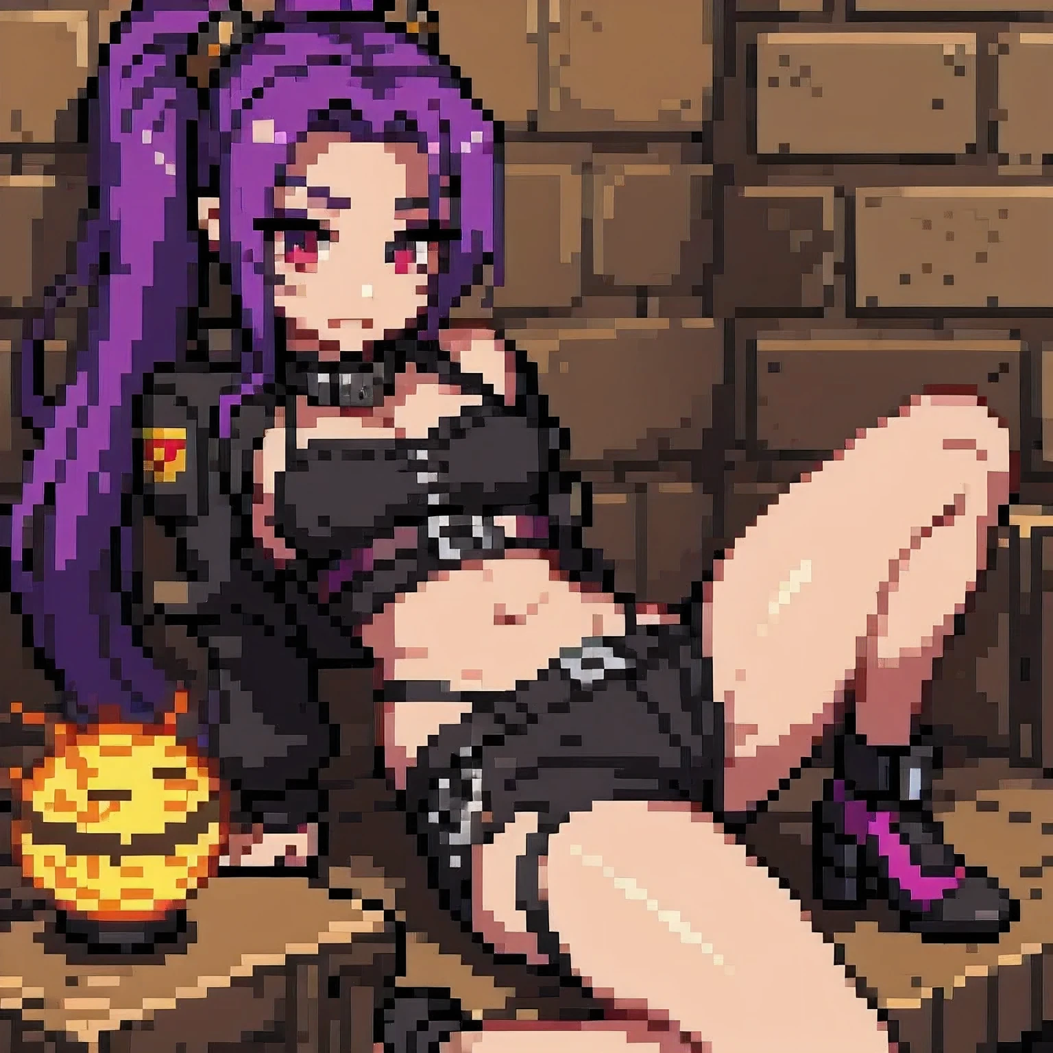1girl, sofa, sitting, legs crossed, bodysuit, black bodysuit, bare arms, bare shoulders, (large breasts:1.2), yoruichi shihouin, dark skin, dark-skinned female, ponytail, purple hair, yellow eyes, (black leotard:1.4), thighhighs, full body, ((Leg Crossing )), Design an animation sprite depicting a character crossing their legs. The character wears a full-body black suit with purple hair. Show the sequence in four frames, each subtly different to convey the movement