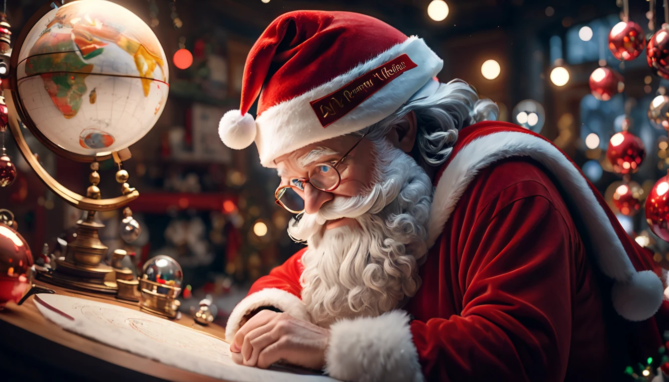 Santa Claus in his office, looking at a giant globe with lights representing ren around the world, High Resolution, From Side, Depth Of Field, Masterpiece, Best Quality, Award Winning, High Details, High Quality, Retina, Textured Skin, UHD, Super Detailed, Blue eyes, Grey Hair, Facial Hair, Sparkling Eyes, Canon, F/4.0, Ultra-Wide Angle, Santa Hat, Bokeh, Cinematic Lighting, Reflection Light, 8K Octane, Cinematic, Cinematography, Hyperdetailed, Photorealistic, 