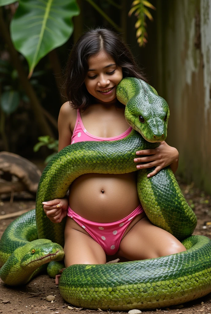  Pregnant Topless  pink thong wearing aroused horny beautiful happy young Indian  girl vs  Giant colossal black anaconda monster wrapped around her body squeezing her in coiled embrace cuddling and kissing  sexual erotic bestiality  sex  realistic in the rainforest full body, best quality wet nafw