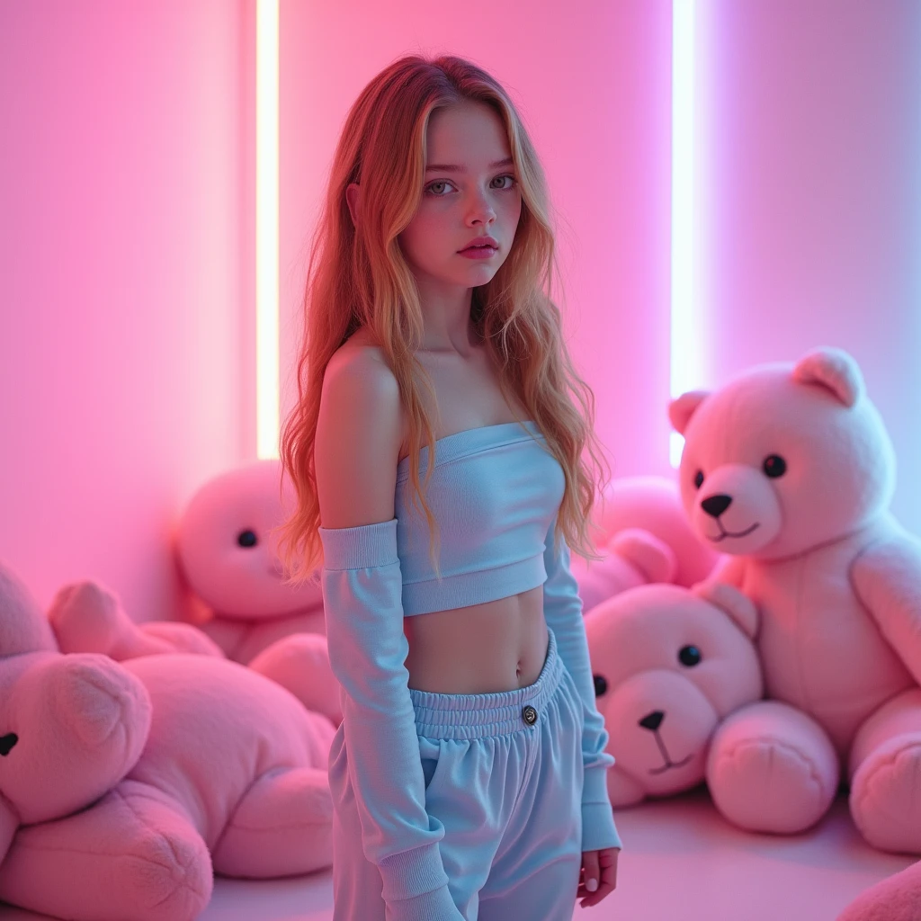 Photography of a girl, mix (Sadie Sink:0.8) and (Chloe Grace Moretz:0.8), Scandinavian Swedish. in a sporty fashionable outfit, -shoulders, top, pants, platform sneakers. very pale skin, long legs, with eyes that convey a mix of innocence and inexperience. two-tone hair, colored highlights, lustrous long blond hair. she wants to be a POP-star. she is at a (Music video), (pastel colors, light blue and pink), (large stuffed animals), pink lights, many neon lights, pink room, bright lights. Oiled glistening skin. The overall image should have a high resolution, capturing every detail of her expression and features. cute, youthful innocence, lithe, skinny, petite, tight clothes, (full lips),  pose, alluring, flirty, aroused, (oiled skin, glistening skin, ),
