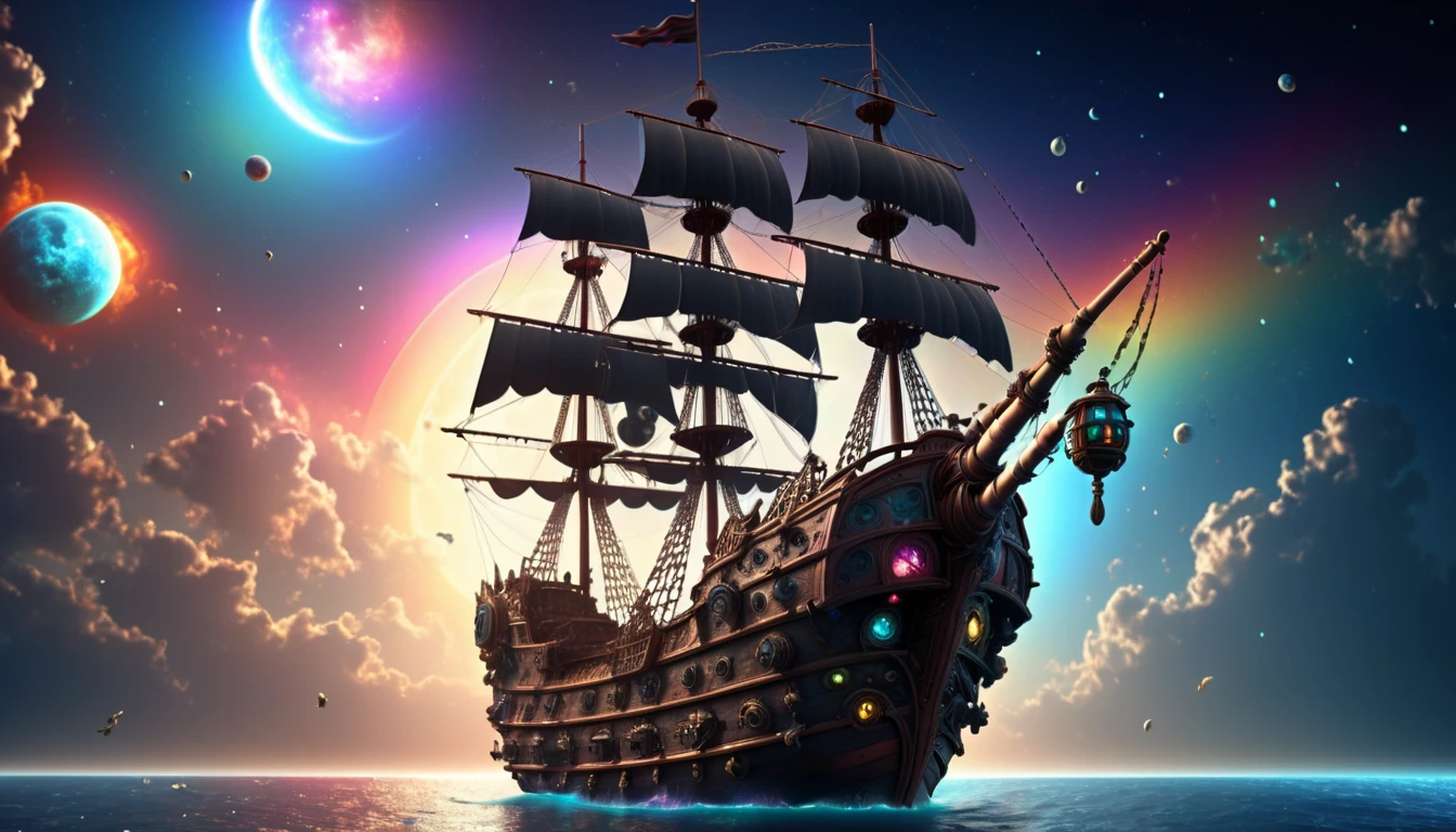 Pirate ship, flying, two moons, beautiful space background, rainbow galaxy, High Resolution, Backlighting, Masterpiece, Accurate, Best Quality, Award Winning, Detail, High Details, High Quality, Super Detailed, UHD, Retina, Cinematic Lighting, God Rays, 8K Octane, Cinematic, Cinematography, Hyperdetailed, Photorealistic, 