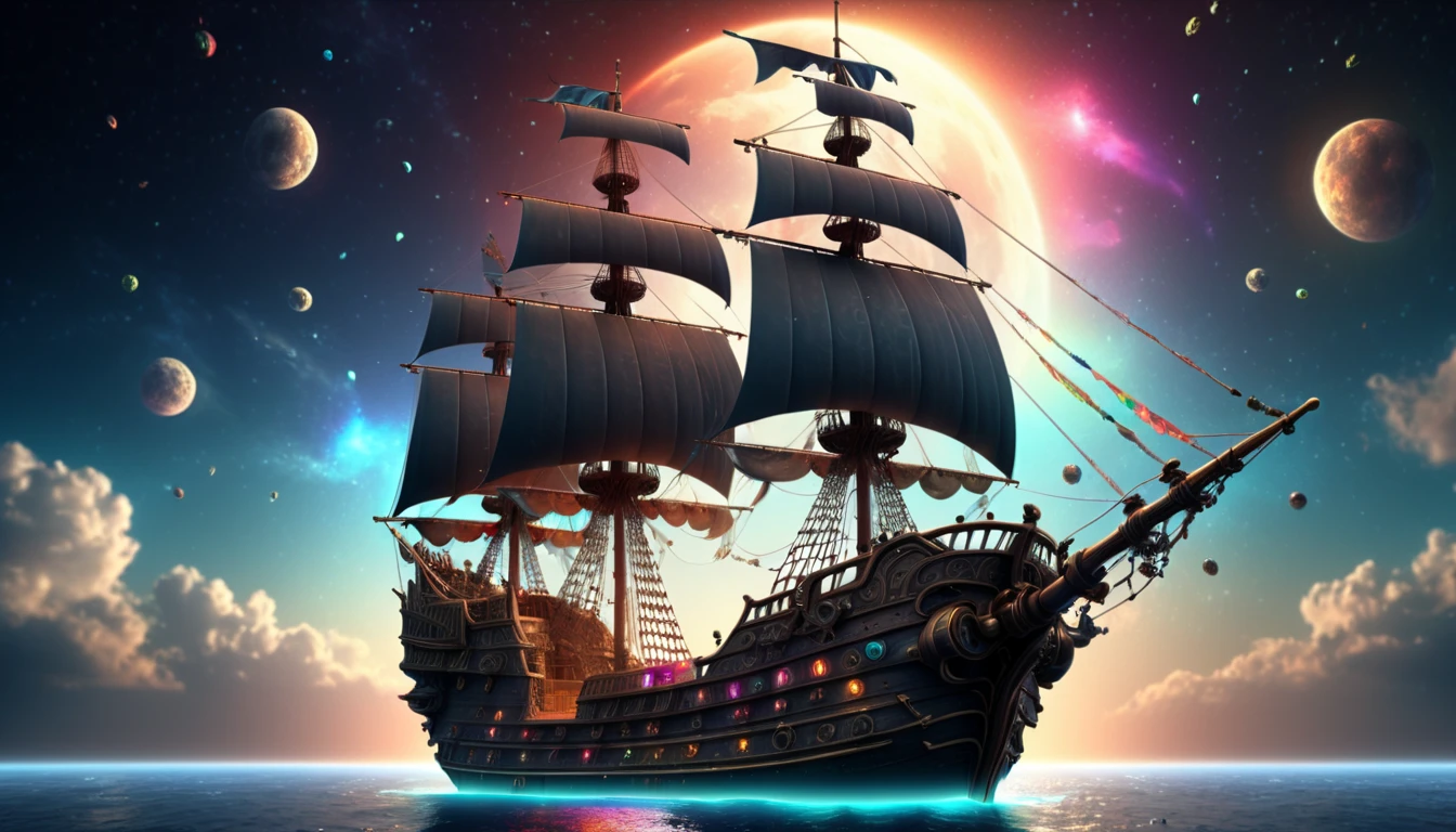 Pirate ship, flying, two moons, beautiful space background, rainbow galaxy, High Resolution, Backlighting, Masterpiece, Accurate, Best Quality, Award Winning, Detail, High Details, High Quality, Super Detailed, UHD, Retina, Cinematic Lighting, God Rays, 8K Octane, Cinematic, Cinematography, Hyperdetailed, Photorealistic, 